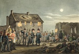 Wellingtonin ja Blucherin tapaaminen onnettomuudesta Waterloon taistelun päätteeksi, kaivertanut Matthew Dubourg (fl.1813-20) pubista Historic, Military and Naval Anekdootit. Kirjailija: Edward Orme (1774-c.1